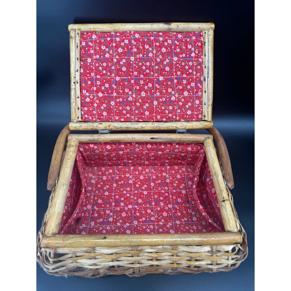 Vintage Wicker Sewing Basket Wood Handle Floral‎ Lined Storage Box Rustic Boho